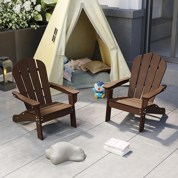 Giantex HDPE Kids Adirondack Chair - All-Weather Lawn Toddler Chair with Ergonomic Design, Children’s Outdoor Chair for Toddlers Ages 3-8, Kid’s Patio Furniture for Deck, Garden (1, Brown)