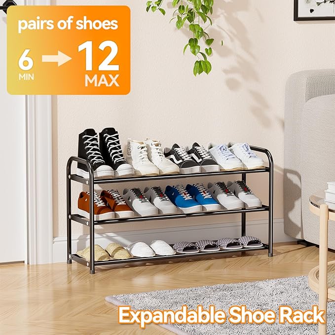 SUFAUY Expandable Shoe Rack Organizer, 3-Tier Metal Adjustable Shoe Shelf for Closet Entryway, Black
