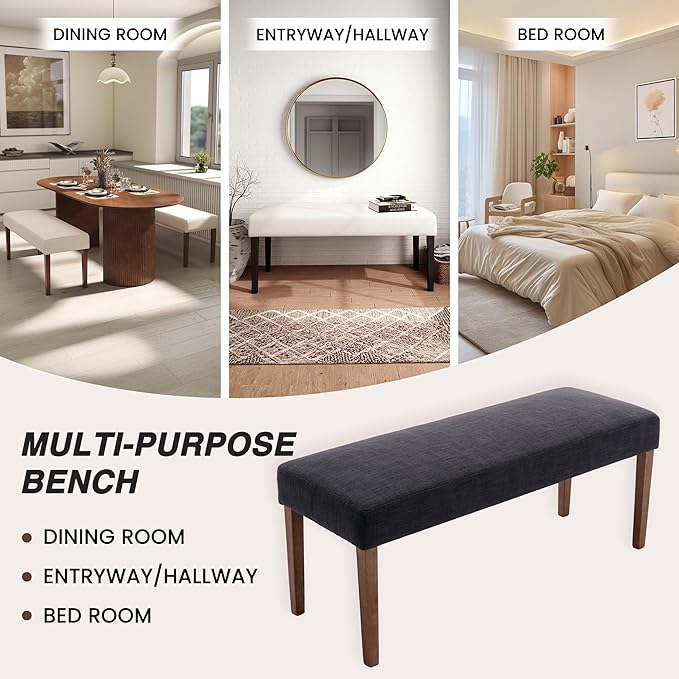 Farmhouse Upholstered Dining Bench Seat, 45" Linen Entryway Bench with Natural Wood Legs, Mid Century Modern End of Bed Bench for Kitchen Bedroom Living Room Hallway, for 2-3 Person, Charcoal