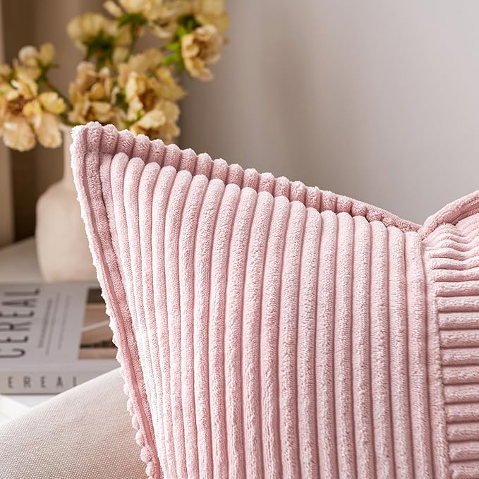 MIULEE Decorative Throw Pillow Covers for Couch Bed Livingroom 16x16 Inch Set of 2 Pink Boho Accent Throw Pllows Broadside Striped Patchwork Soft Corduroy Pillowcases