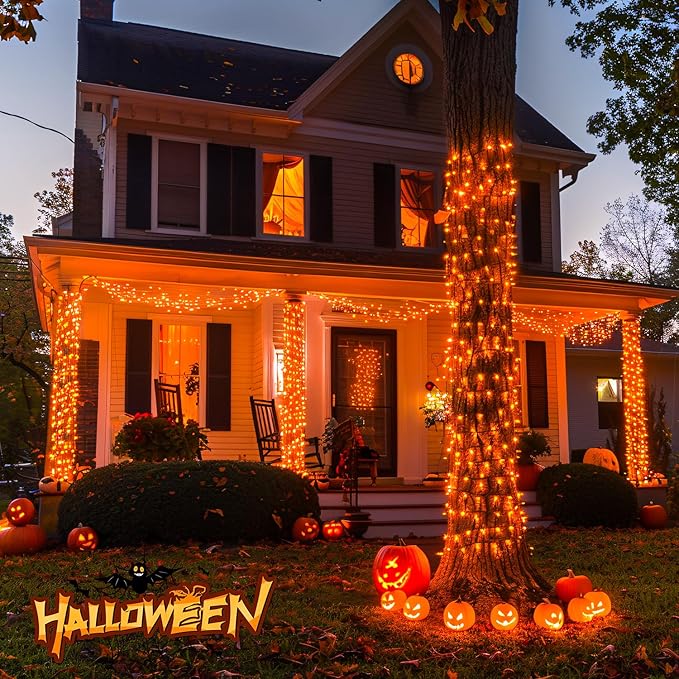 JMEXSUSS Halloween Lights: 132ft 400 LED Orange Halloween Outdoor Indoor String Lights Plug in - Orange Lights for Halloween Christmas Decorations