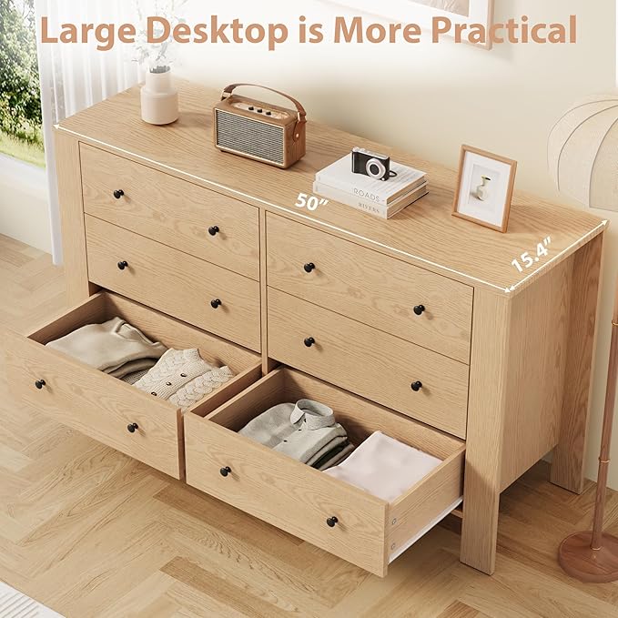GarveeHome Natural Oak 6 Drawer Dresser for Bedroom, Modern Wide Dresser Organizer with Storage Drawers, Wooden Chests of Drawers for Bedroom, Entryway, Hallway, Home Office