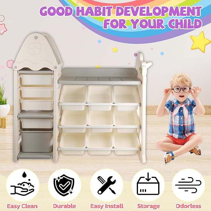 Kids Toy Storage Organizer with 14 Removable Toy Bins, 4-Tier Toy Organizers, Kids Bookshelf and Toy Storage for Playroom, Bedroom, Kids Room, Classroom