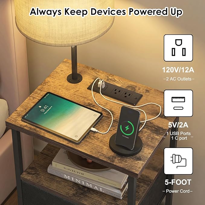 Fixwal Nightstand with LED Lights Bedside Table with 3 Color Temperatures Bulb, Tall NightStand with Charging Station End Table with Adjustable Fabric Drawer for Bedroom Dorm
