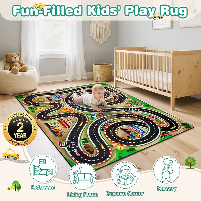 Kids Rug, Race Track Baby Play Mats, 3x5 Ft Kids Rug for Playroom,Extra Thick (0.4in) Realistic 3D Cascading Surround Route, Great for Playing with Cars and Toys, Non-Slip Car Carpet