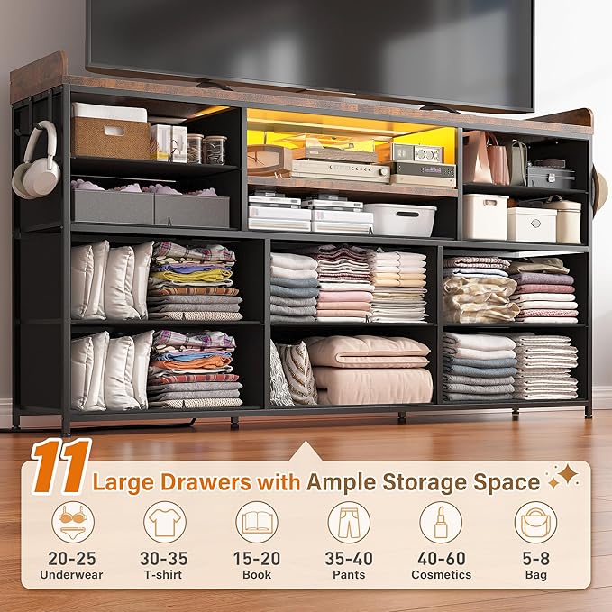 Dresser TV Stand with 11 Drawers for 60" TV Stand for Bedroom with LED Lights & Power Outlets Long Dresser for Bedroom with Shelves & 4 Hooks, Sturdy Metal Frame & Thick Wood Top, Rustic Brown