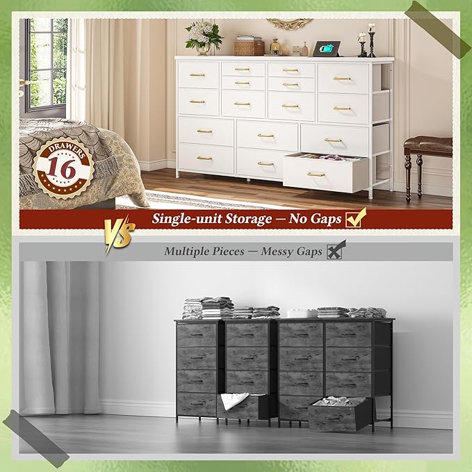 Dresser for Bedroom with 16 Fabric Drawers Long Dresser with Charging Station TV Stand for 60" TV Dressers & Chest of Drawers for Bedroom, Living Room, Closet, White