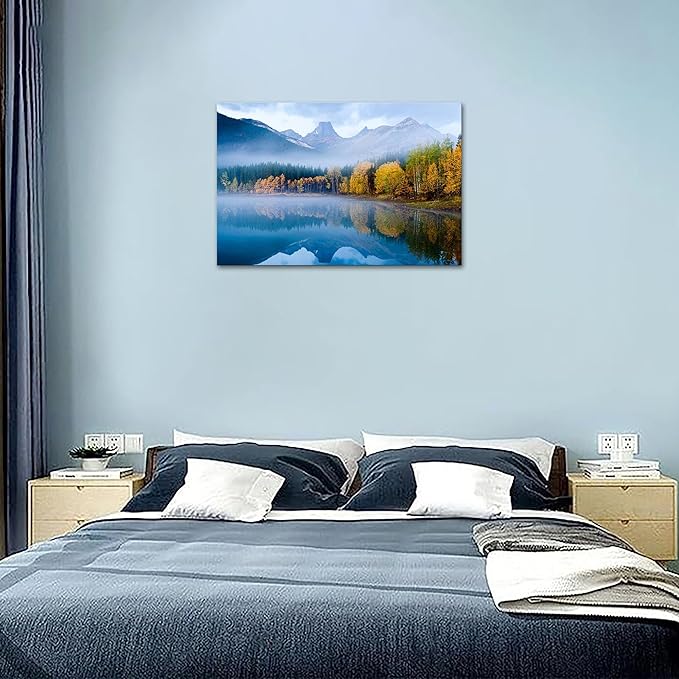 SKASNFAI Lake Canvas Wall Art National Park Forest Mountains Painting Artwork Nature Prints Poster Framed for Living Room Bedroom (28x44 inch)