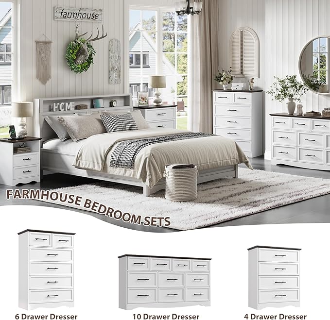 White Dresser for Bedroom, Farmhouse 10 Chest of Drawers, 59" Wide Chest of Drawers with Brushed Metal Handle, Wood Closet Organizers and Storage Cabinet for Bedroom, Living Room, Hallway