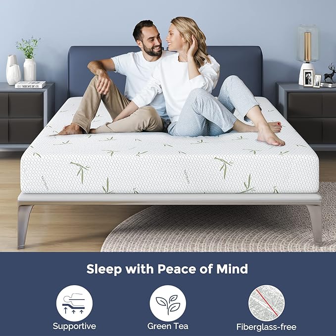 IULULU Full Size Mattress, 10 Inch Memory Foam Mattress in a Box with Breathable Bamboo Cover, Green Tea Full Mattress Made in USA for Cool Sleep & Pressure Relief, Medium Firm, CertiPUR-US Certified