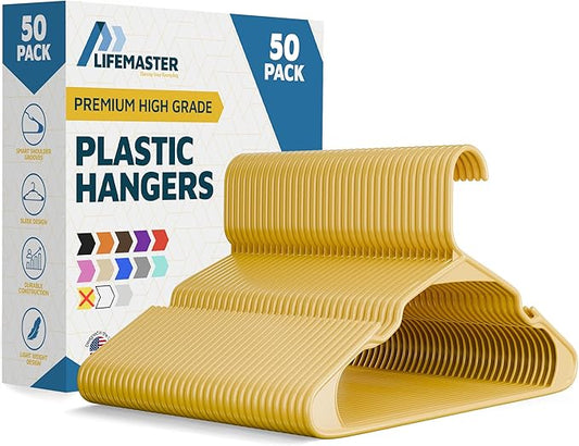 Plastic Clothes Hangers – Heavy Duty Hanger Set, for Organizing Clothes, Dresses, and Coat, Holds Up to 5 lbs, Space-Saving Hangers with Non-Slip Shoulder Grooves, Pack of 50, Yellow