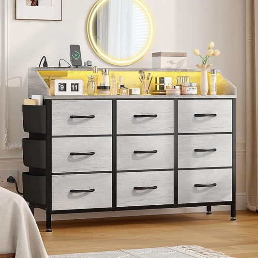 Lulive Dresser TV Stand for Bedroom with 9 Drawers - Chest of Drawers with LED Light & Charging Station - Living Room Hallway Closet Nursery (Grey)