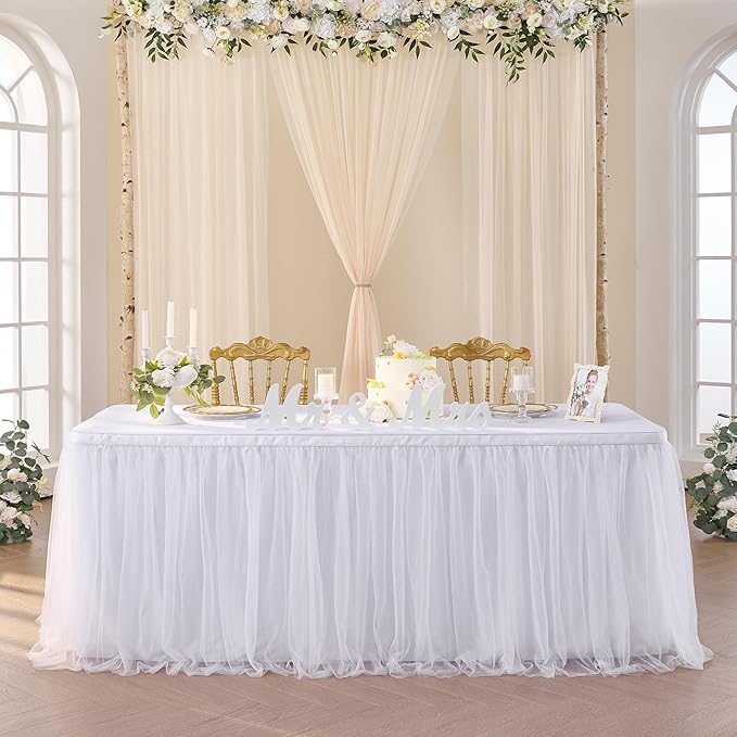 Suppromo 6ft White Tulle Table Skirt for Rectangle Tables or Round Tables Tutu Table Skirt White Ruffle Table Cloths for Wedding Bridal Shower Birthday Party Desk Skirt Decorations