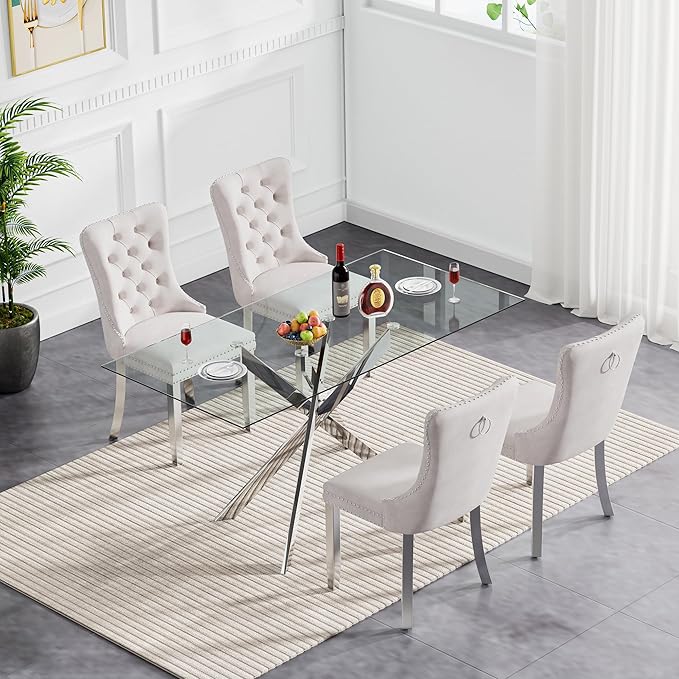 Goujxcy 5 Piece Glass Dining Table Set Modern Glass Dining Table Set for 4, 51" Rectangular Kitchen Table and 4 Velvet Upholstered Chairs for Kitchen Dining Room, Silver Table & Beige Chair