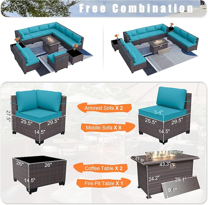 Kurapika 13 Pieces Patio Furniture Set, Rattan Wicker Outdoor Conversation Sets w/43in Propane Fire Pit Table and 4 Inch Cushion(Blue)