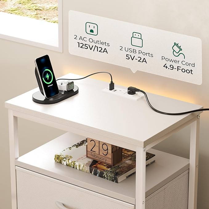 Huuger Nightstands Set of 2, End Tables with Charging Station, Side Tables with Fabric Drawers, Bedside Tables with USB Ports and Outlets, Night Stands for Bedroom, White