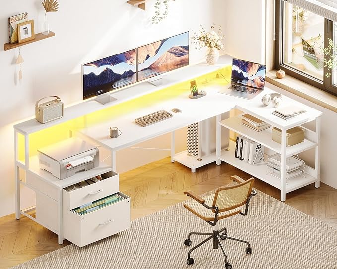 ODK L Shaped Desk with File Drawer, 75" Reversible L Shaped Computer Desk with Power Outlet & LED Strip, Home Office Desk with Storage Shelves, Gaming Desk with Monitor Shelf, Corner Desk, White