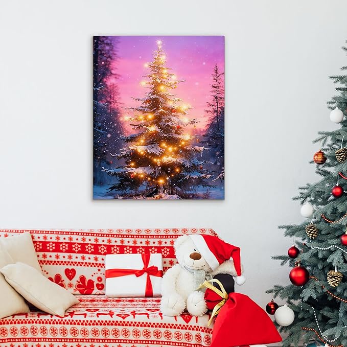Framed Christmas Pictures Wall Decor,Vintage Pine Tree Prints,Winter Christmas Canvas Wall Art Decoration for Bedroom Bathroom Living Room Rustic Xmas Holiday Gifts (Christmas Tree 18, 16'' X 20'')