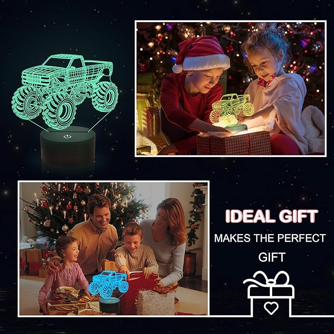 3D Night Lights for Children, Kids Night Lamp, Monster Trucks for Boys, 16 LED Colors Changing Lighting, Car Shape Acrylic Lighting Table Desk Bedroom Decoration, Ideas Birthday Xmas