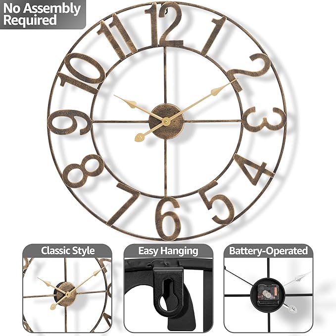 Sorbus 32-Inch Large Wall Clock – Decorative Brown Metal Clock with Gold Hands – Silent, Battery Operated, Modern Wall Decor for Living Room, Kitchen, or Office - Great Gift for Housewarming or Office