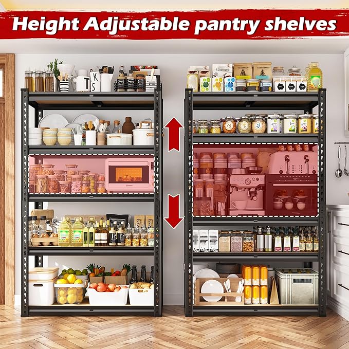 REIBII Storage Shelves 2020LBS Garage Shelving Heavy Duty 5 Tier Metal Shelving Adjustable Metal Shelf 59.8" H Pantry Shelf for Kitchen Warehouse Basement 28" W x 12" D x 59.8" H, Black