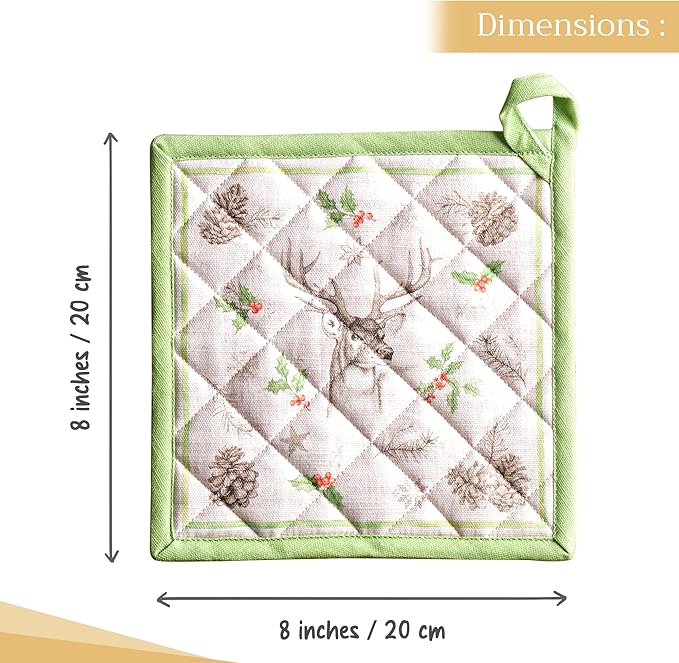 Maison d' Hermine Pot Holders Set 100% Cotton Heat Resistant Potholders 8" x 8" Hot Pads with Loop for Thanksgiving Christmas Decorations BBQ Baking Handling Hot Pans (Pack of 2, Christmas Dew)