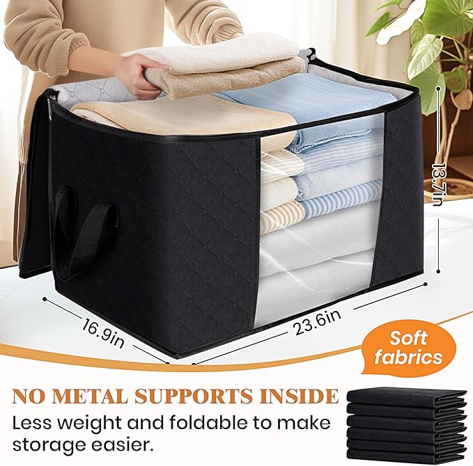 Fab totes 90L Clothes Storage, Foldable Thick Fabric Blanket Storage Bags, Containers for Organizing Bedroom, Closet, Clothing, Comforter, Organization with Handle (8 Pack,Black)