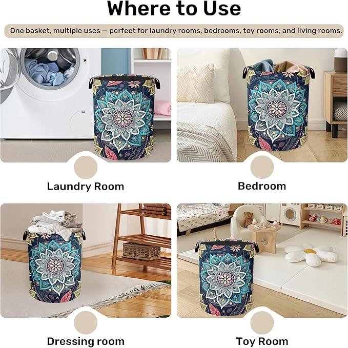 Bohemian Flowers Laundry Basket - Heavy Duty 60L Dirty Clothes Organizer, Water Resistant Foldable Hamper for Men Women