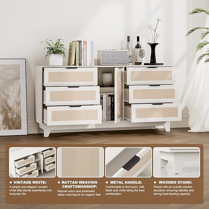White Rattan Dresser,6 Drawers Dresser for Bedroom,55 "L Large Storage,Boho Farmhouse Style,TV Stand,Hallway,Entryway