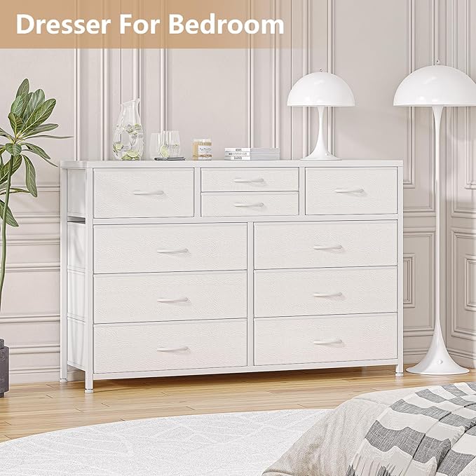 Jojoka Wide 10 Drawer Dresser,TV Stand Entertainment Center Fabric Storage Dressers Drawers for Bedroom, Hallway, Nursery, Closets, Steel Frame, Wood Top, White_1