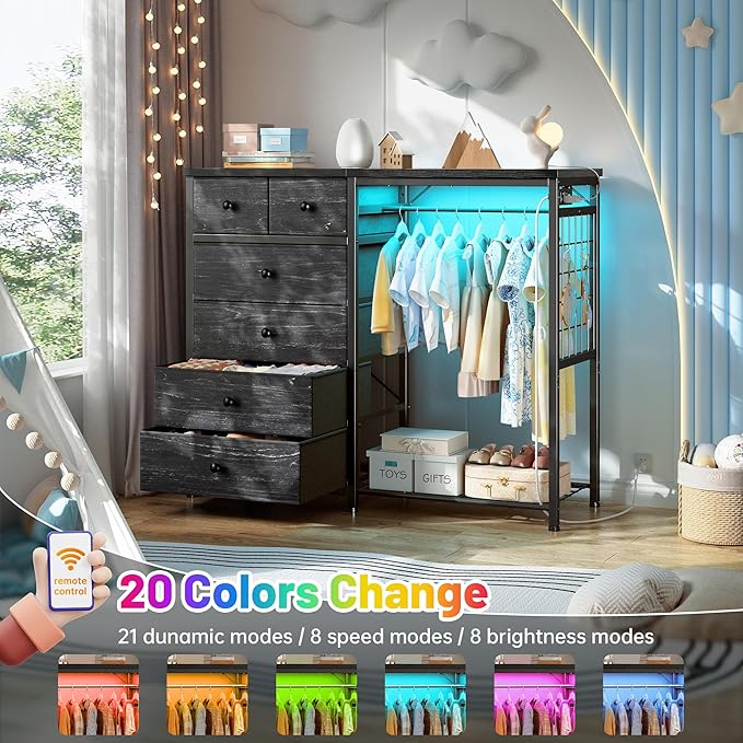 EnHomee 49.2" W Dresser for Bedroom with Hanging Rack 6 Drawers Dresser with LED Lights & Charging Station, Fabric Dressers & Chest of Drawers with Clothes Rack, Wooden Top, Grid Panel, Closet, Black