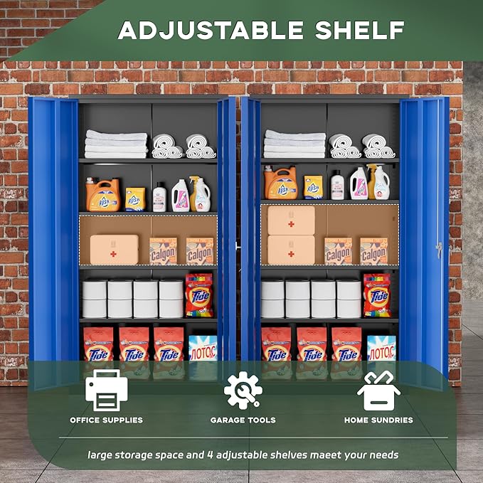 Greenvelly Metal Garage Storage Cabinet with Doors and Adjustable Shelves,72" Steel Lockable File Cabinet for Home Office,Garage,School(Black Blue,32" W x 16" D)