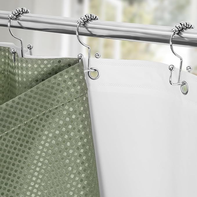 3 in 1 Shower Curtain Set, Sage Green Waffle Shower Curtain and PEVA Liner Set with 12 Stainless Steel Shower Curtain Hooks, Waterproof Fabric Shower Curtains for Bathroom, 72 W x 72 H