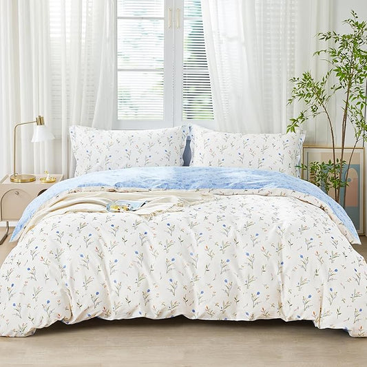 SAPHREAS Blue Floral Full Size Duvet Cover Set 3pcs Botanical Flower White Bedding Comforter Cover Set 100% Cotton 1 Duvet Cover 90"x80" 2 Pillow Shams, Comforter Not Included