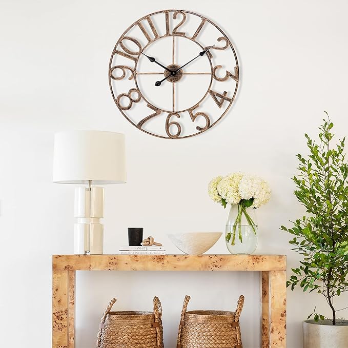 Large Wall Clocks for Living Room Decor, Silent Analog Battery Operated Wall Clock, 24 Inch Bronze Rustic Farmhouse Metal Wall Clock for Indoor, Outdoor
