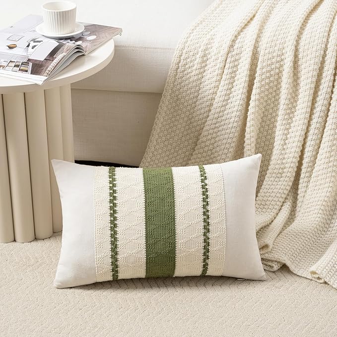 Fancy Homi Set of 2 Boho Moss Green Long Lumbar Decorative Throw Pillow Cover 14x24 Inch for Couch Bed Sofa Chair, Modern Organic Farmhouse Home Decor, Soft Cotton Cute Accent Rectangle Cushion Case