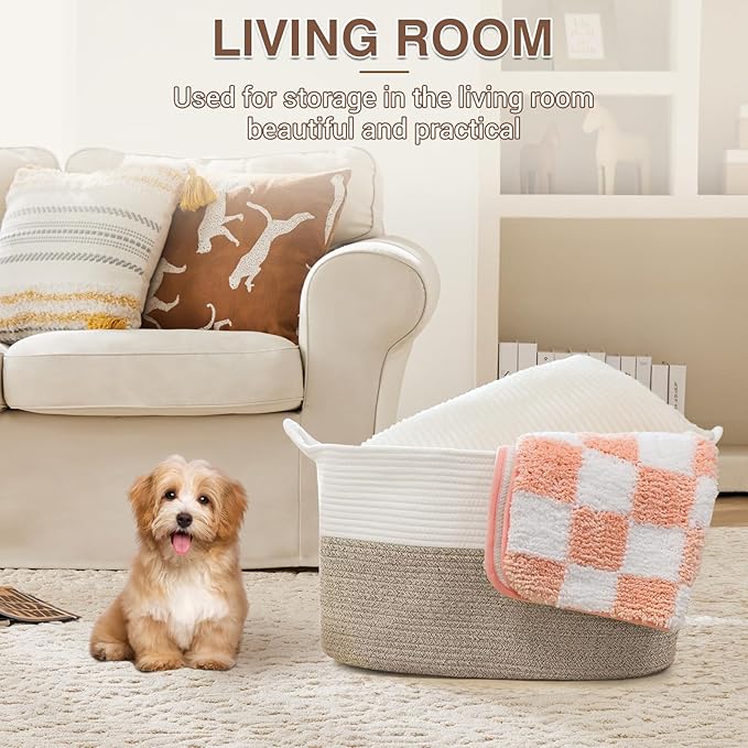 Large Laundry Hamper Blanket Basket，21.6''×14.9''×19.6'' Cotton Rope Woven Laundry Basket for Organizing, Rectangle Toy Basket for Living Room, Bedroom