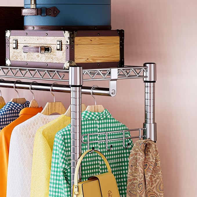 IZEUK Heavy Duty Garment Rack on Wheels, Rolling Closet Rack for Hanging Clothes with 2 Clothes Rods, 3 Tiers & Side Hooks, Freestanding Adjustable Metal Wardrobe,15.7" D x 45.3" W x 79.6" H, Chrome