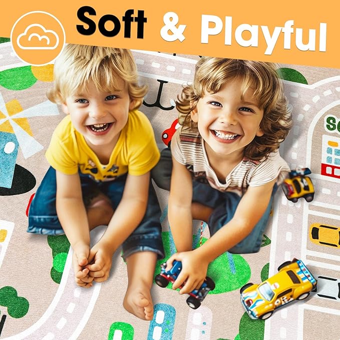 IKITOT Kid Rug Carpet Playmat for Toy Cars and Train，Play Area Rug with Rubber Backing，Fun Throw Rug，Ideal Gift for Children Baby Bedroom Play Room(80×120cm/32×47in)