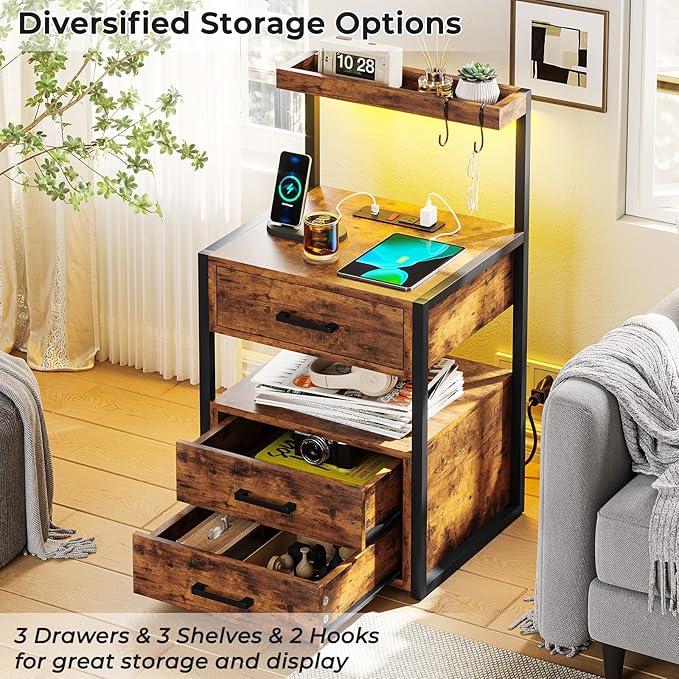 Nightstand with Charging Station and LED Lights, LED Night Stand with 2 USB Ports and 2 AC Outlets, Modern End Table with 3 Drawers, Bedside Table with Open Storage for Bedroom, Rustic Brown