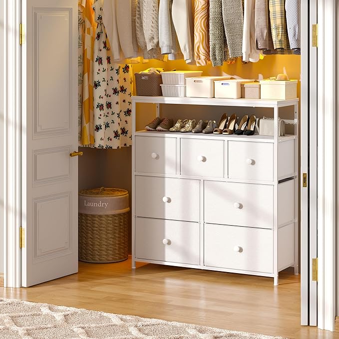EnHomee Dresser for Bedroom with 7 Drawers and 2 Shelves,Tv Stand for Bedroom White Fabric Dresser for Closet,Hallway,Entryway,Dormitory