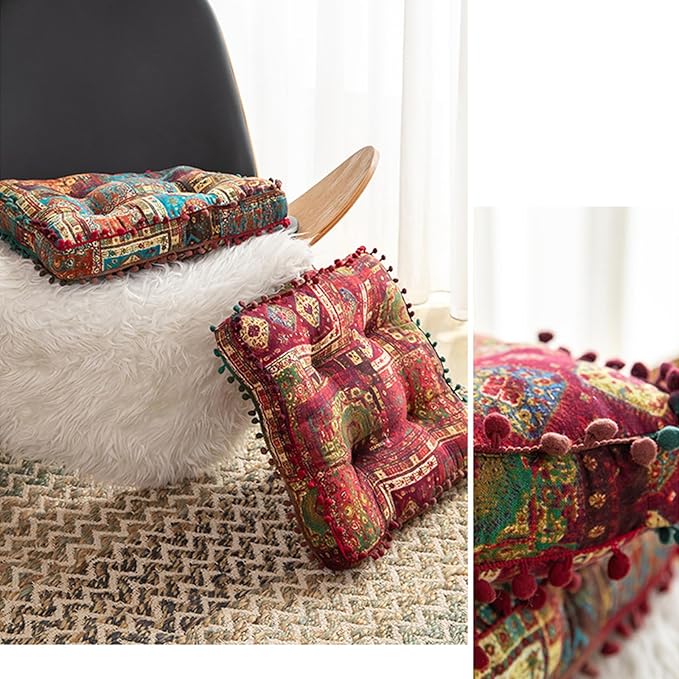 Red Bohemian Seat Cushion,Indoor Boho Chair Cushions for Dining Chairs，Square Chair Pad，Decorative Seat Cushions for Kitchen Chairs (Red Square 16X16)