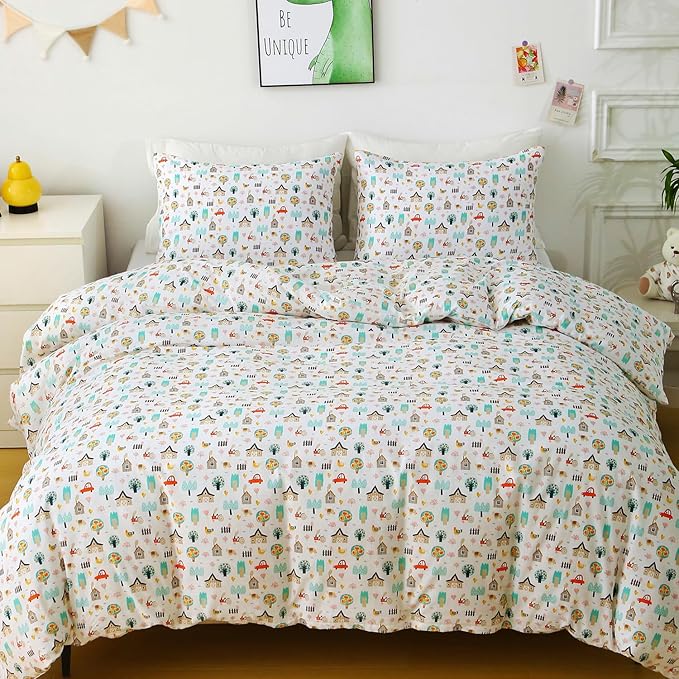 Ivellow Queen Duvet Cover Set Cottage White 100% Cotton Duvet Cover for Kids Cute Bedding Set 3Pcs Ultra Soft Breathable Kids Duvet Cover Patterned Cartoon Comforter Cover Boys Girls Toddler Teen
