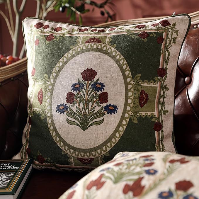 Design Linen Square Throw Pillow Covers 18"x18" Pack of 2, Yellow Green French Cushion Covers with Red Rose Floral Pattern Decoration Pillowcases for Bed, Living Room, Outdoor, Car