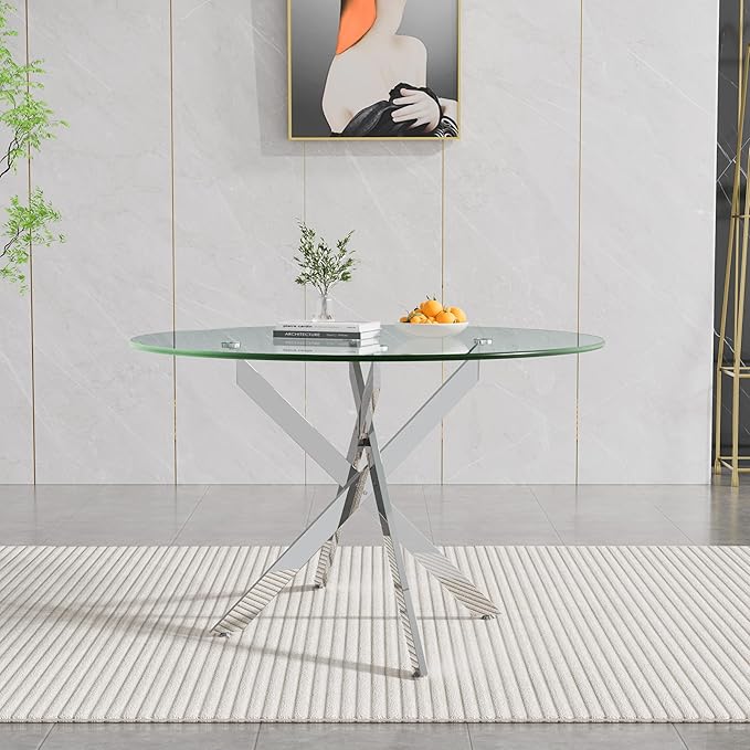 Goujxcy 5 Piece Round Glass Dining Table Set for 4, 47" Round Dining Table & Chair Set Modern Circle Glass Kitchen Table and 4 Velvet Upholstered Chairs for Kitchen Dining (Silver & Olive-Green)