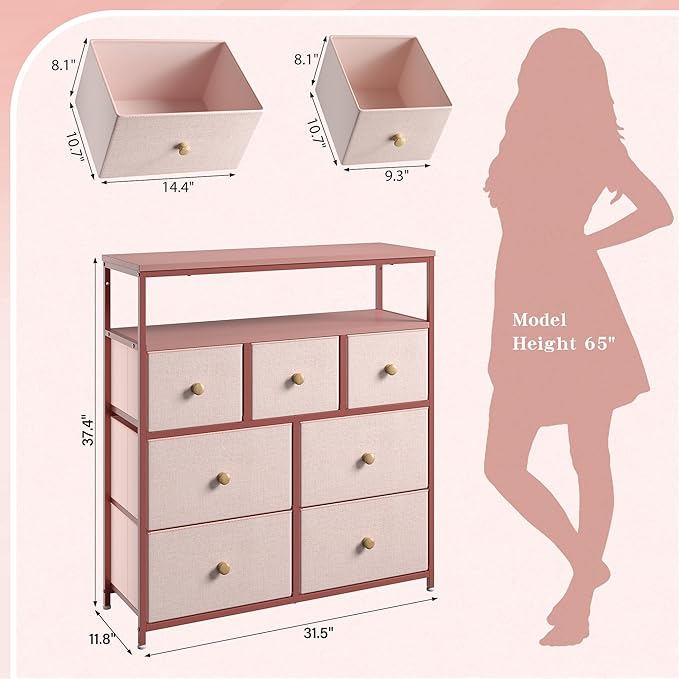 EnHomee Dresser for Bedroom with 7 Drawers and 2 Shelves,Tv Stand for Bedroom,Pink Dresser for Closet,Hallway,Entryway,Dormitory,Dorm Storage