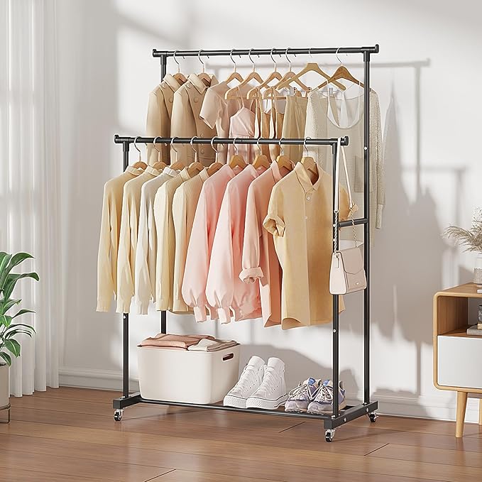Calmootey Double Rods Clothes Garment Rack, Rolling Clothing Rack for Hanging Clothes, Coat Storage, Organizer for Bedroom, Livingroom, Apartments, Black