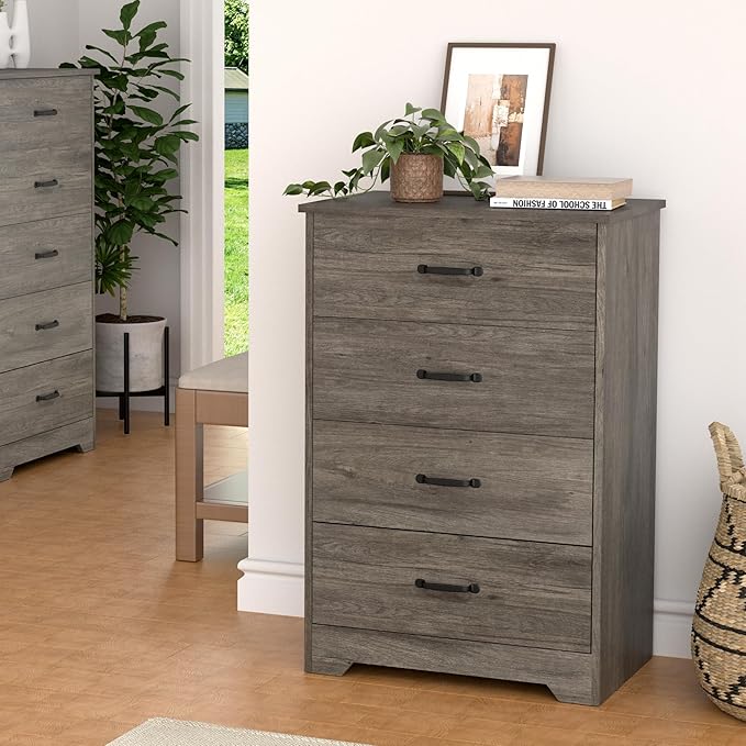 Farmhouse 4 Drawer Dresser, Small Wooden Chest of Drawers Classic White Dresser for Bedroom Living Room Entryway (Dark Gray, 4 Drawer)