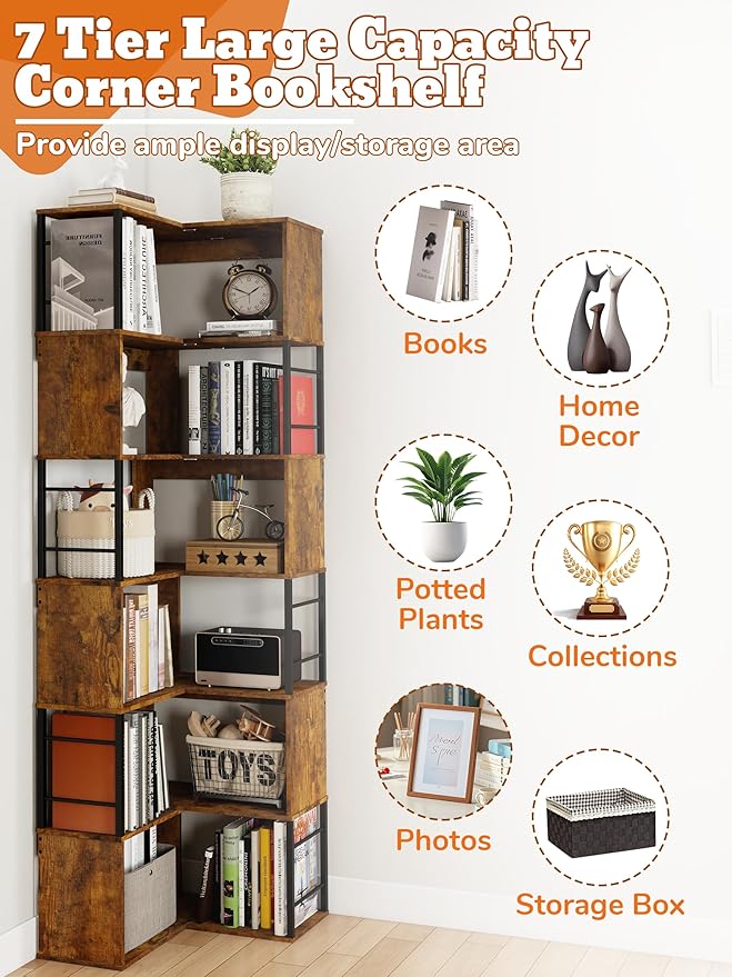 7 Tier Corner Bookshelf 74 Inches Tall Corner Bookcase Industrial L Shaped Book Shelf with Metal Frame Display Rack Storage Organize for Home Office,Living Room,Bed Room (Brown)