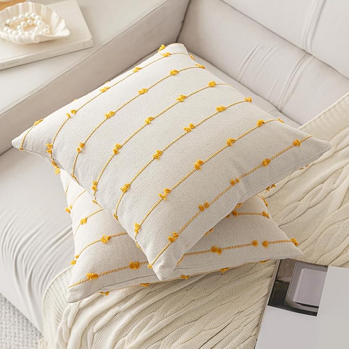 Boho Throw Pillow Covers 20x20 Set of 2 Modern Farmhouse Decorative Cushion Case Tufted Linen Square Pillows Cover Neutral Pillow Cases Accent Pillowcase for Sofa,Couch,Bed,Beige and Yellow
